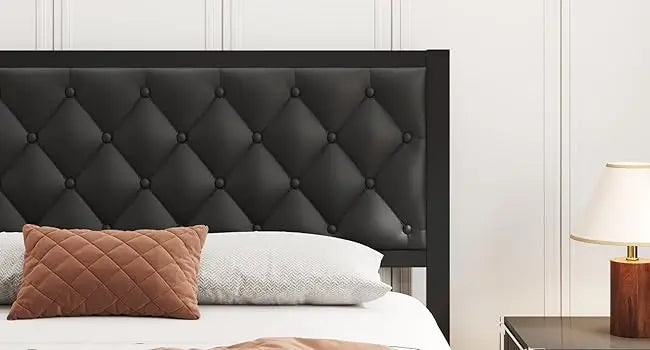 Queen Bed Frame with Headboard PU Leather Upholstered Bed Frame Platform,All Metal Slats Support Platform Bed Frame