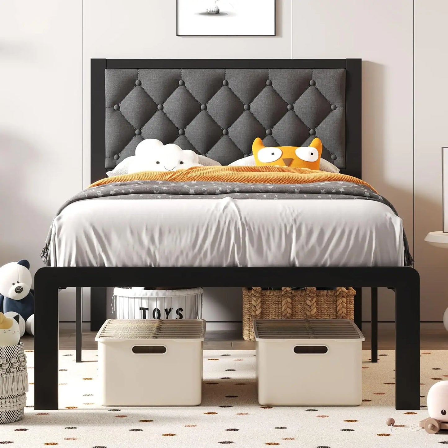 Queen Bed Frame with Headboard PU Leather Upholstered Bed Frame Platform,All Metal Slats Support Platform Bed Frame
