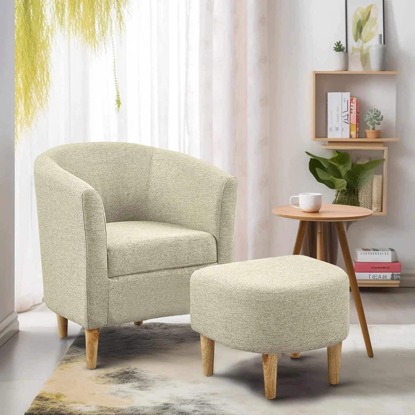 Accent Chair, Sherpa Chair White Fluffy Chair Teddy Barrel Chair with Ottoman Comfy ArmChair Footrest Set
