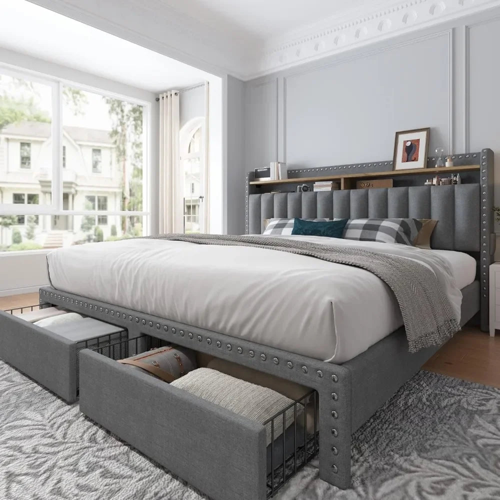 Queen Bed Frame with Headboard and Storage, Upholstered Queen Bed Frame with Storage, Queen Size Bed Frame with 2 Drawer