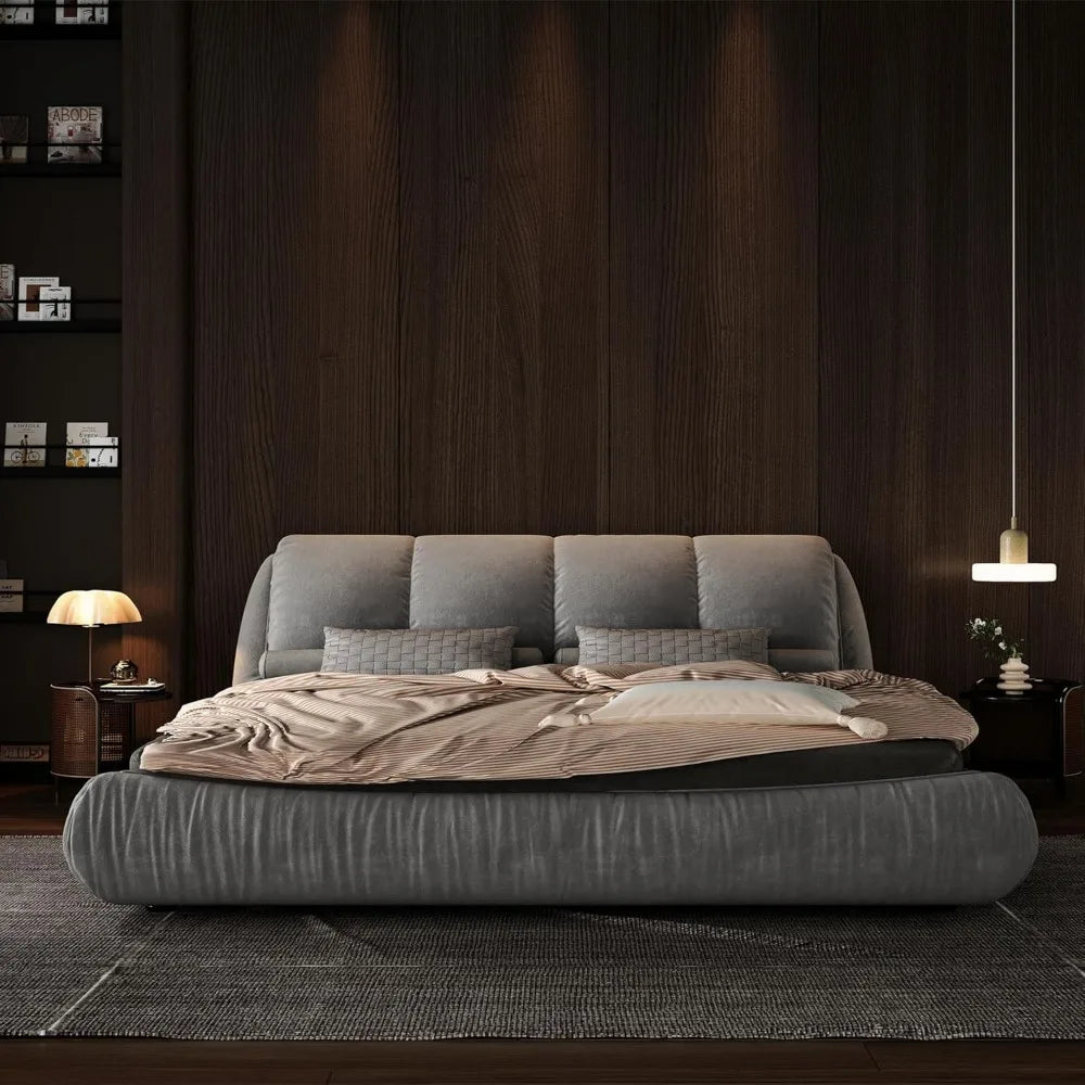 Deluxe king-size upholstered platform bed with upholstered backrest, soft-framed cloud bed, thickened pine slats, metal legs