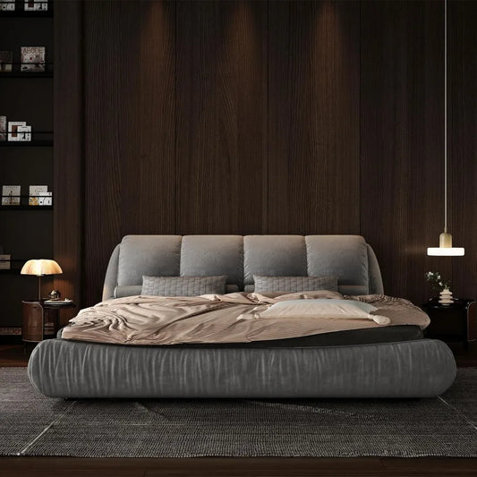 Deluxe king-size upholstered platform bed with upholstered backrest, soft-framed cloud bed, thickened pine slats, metal legs