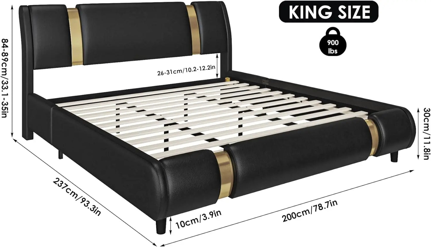 Modern Faux Leather Upholstered Platform Bed Frame with Golden Iron Metal Decor, Adjustable Curved Headboard, Queen Size, White