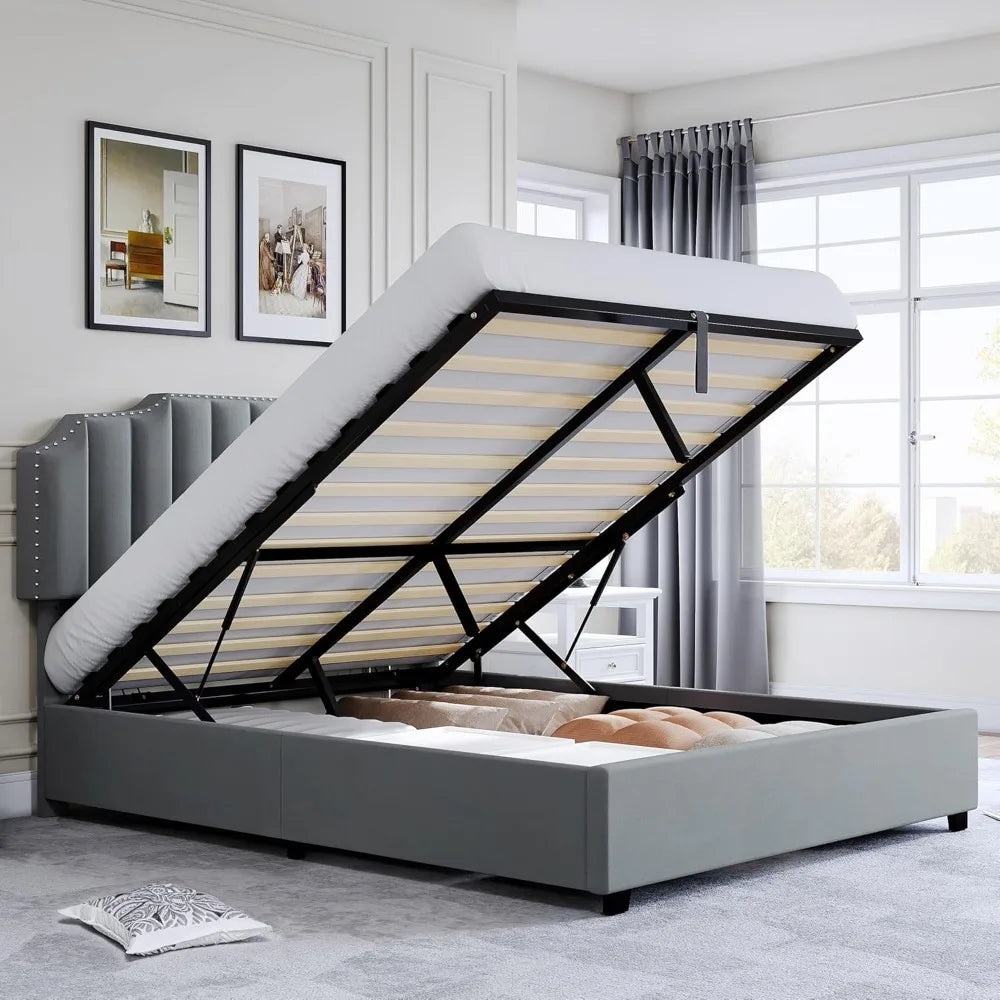 Queen size elevated storage bed frame with adjustable upholstered platform headboard, sturdy wood slats and metal base support