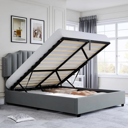 Queen size elevated storage bed frame with adjustable upholstered platform headboard, sturdy wood slats and metal base support
