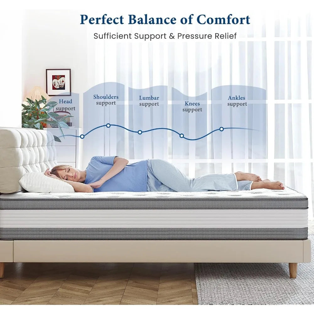 Twin Mattress, 12 Inch Twin Size Hybrid Mattress,Individual Pocket Springs with Memory Foam Layer Provide Cool Sleep
