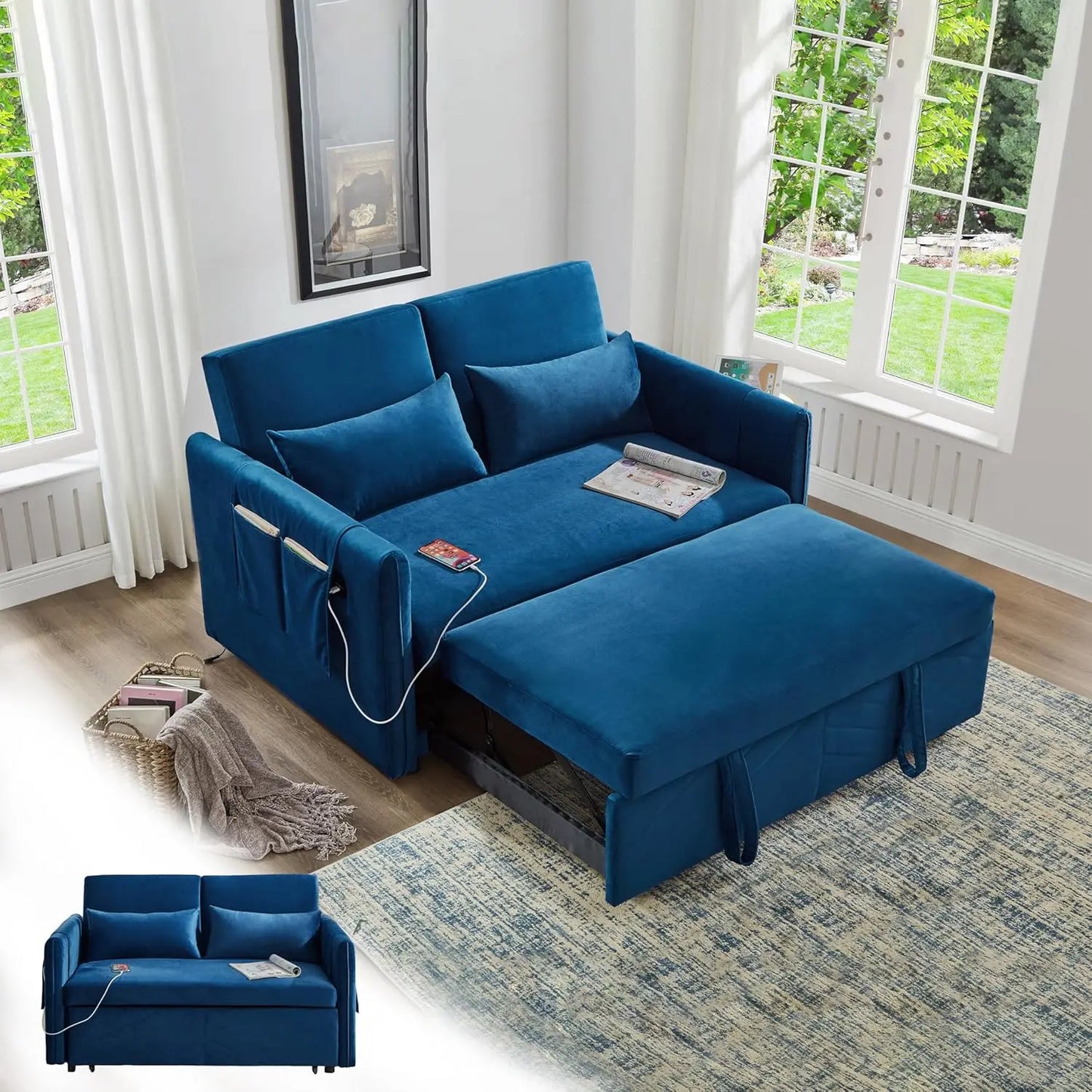 3 in 1 Pull Out Convertible Sofa Bed-Velvet Sleeper Sofa with 3Level Adjustable Backrest,Tufted Love Seat w/ 2Pockets & 2Pillows