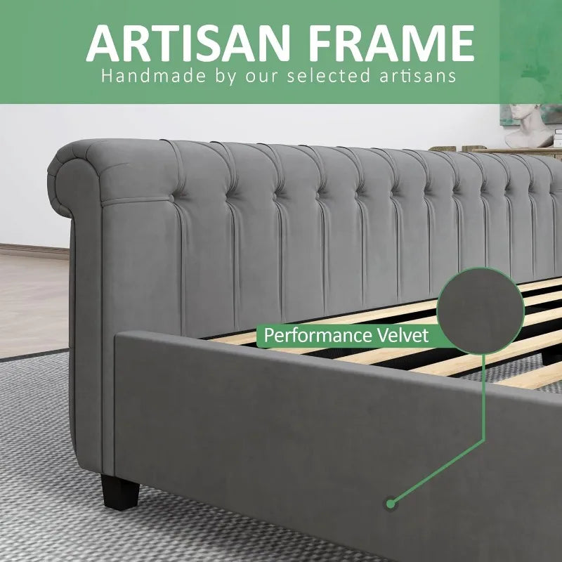 AMERLIFE King Size Platform Bed Frame, Chenille Upholstered Sleigh Bed with Scroll Wingback Headboard & Footboard/Button Tufted