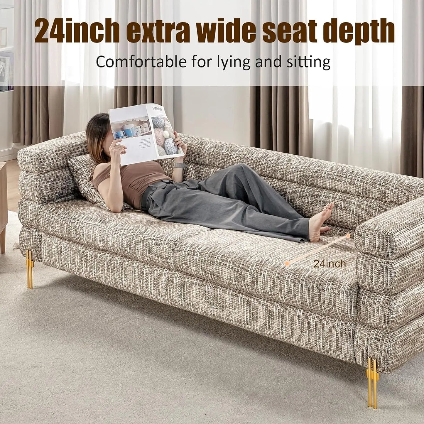 Modern Sofa Couch, 24''Extra Deep Seat Sofa for Living Room, 85 inch Oversized Sofa, 3 Seat Sofa, Sectional Couch Set, Calico