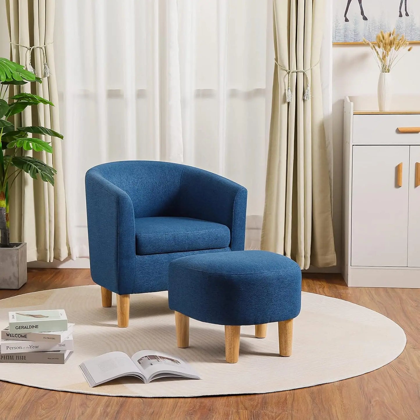 Accent Chair, Sherpa Chair White Fluffy Chair Teddy Barrel Chair with Ottoman Comfy ArmChair Footrest Set