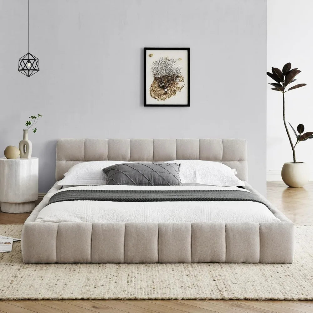 Queen Size Upholstered Grounded Bed with Bedside Desk and Stool,Upholstered Headboard,Grounded Upholstered Wood Base Bed Frame