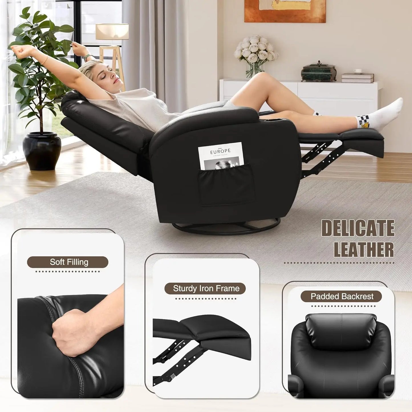 Recliner Chair, Rocking Massage Chairs, Home Reclining Sofa Chair, PU Leather, Ergonomic Living Room Chair with Cup Holders