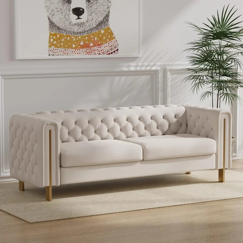 Modern Velvet Sofa for Living Room, 84 Inches Long Tufted Couch Upholstered Sofa with 2 Pillows High Arm and Metal Legs Decor