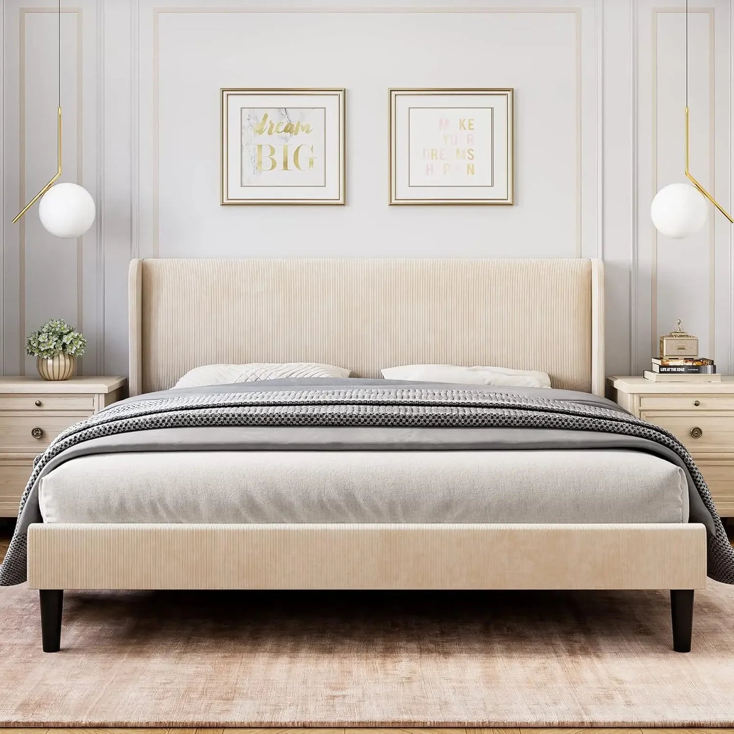 Bed Frame with Wingback & 2 Storage Pockets,  Upholstered Headboard, Solid Wood Slats Support, Velvet Platform Beds Bedroom