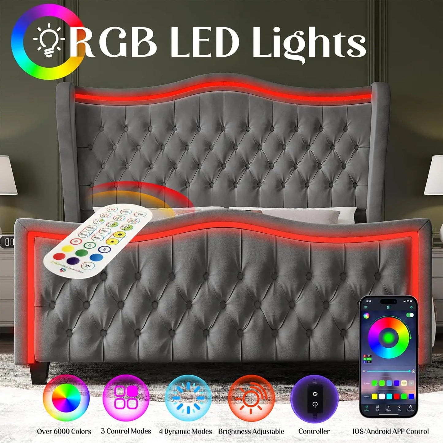 King Size Bed Frame with LED Lights, 53'' Upholstered Platform Wingback Bed with Handmade Deep Button Tufted Headboard Footboard