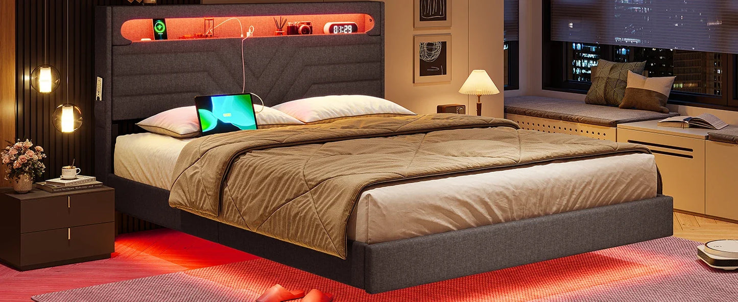 Queen Floating Frame RGB LED Lights ,USB-C/A Power Combo,Linen Upholstered Platform Bed with Storage Headboard