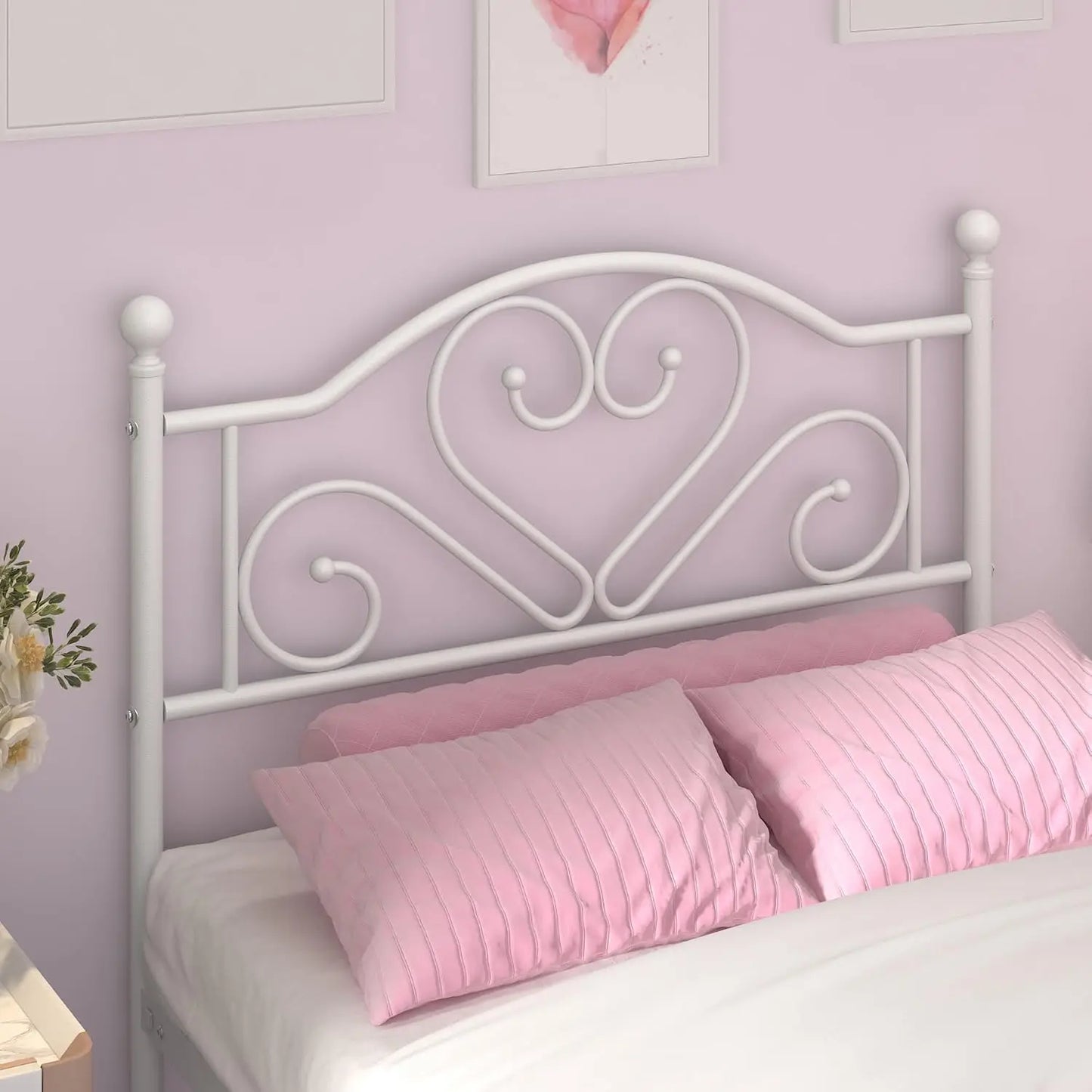 Full Size Bed Frame with Headboard, Heavy Duty Steel Slat Support Platform Under Bed Storage Space No Box Spring Needed, White