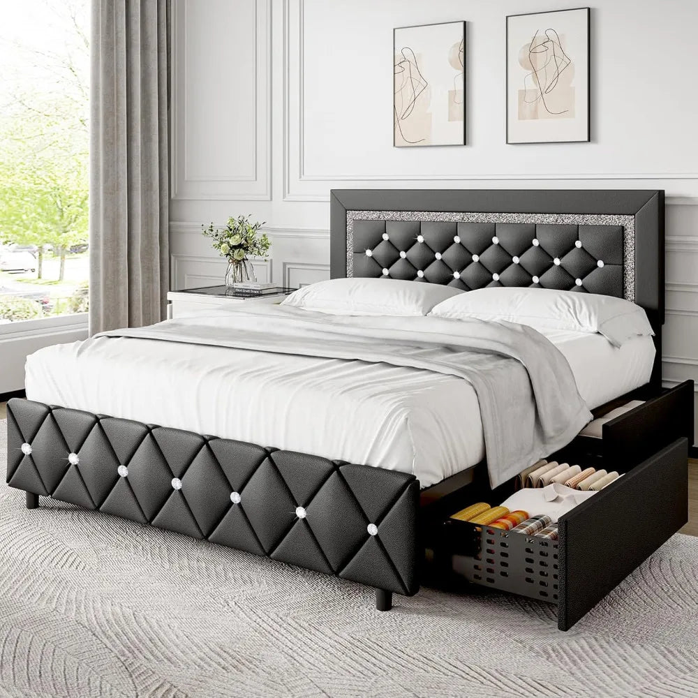 Queen Size Bed Frame with LED Lights, Upholstered Bed Frame with 4 Storage Drawers, with Diamond Headboard and Footboard