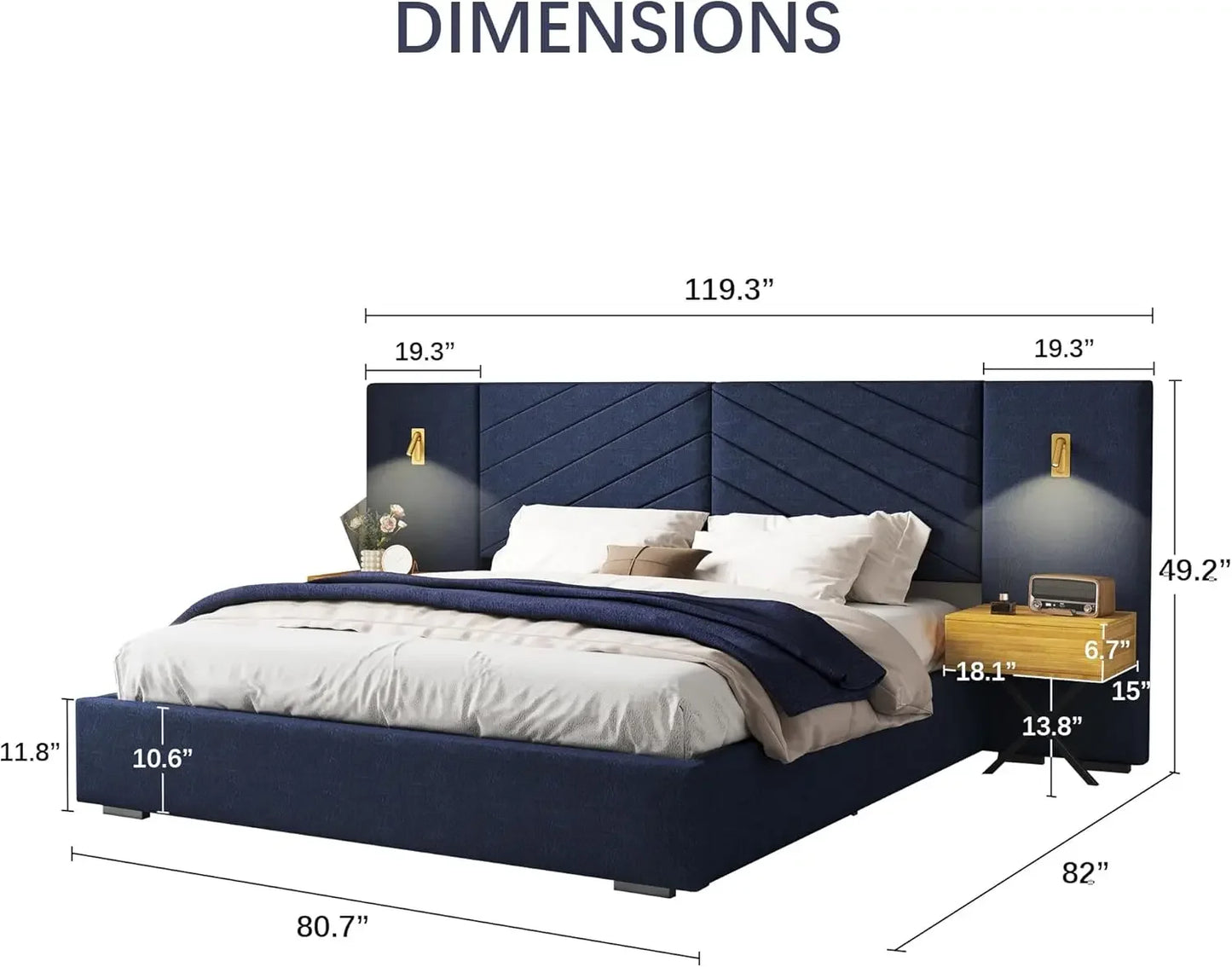 Luxury Bed Frame with Built-in Gold LED Lights and Nightstands, King Size Platform Bed with Oversize Upholstered Headboard