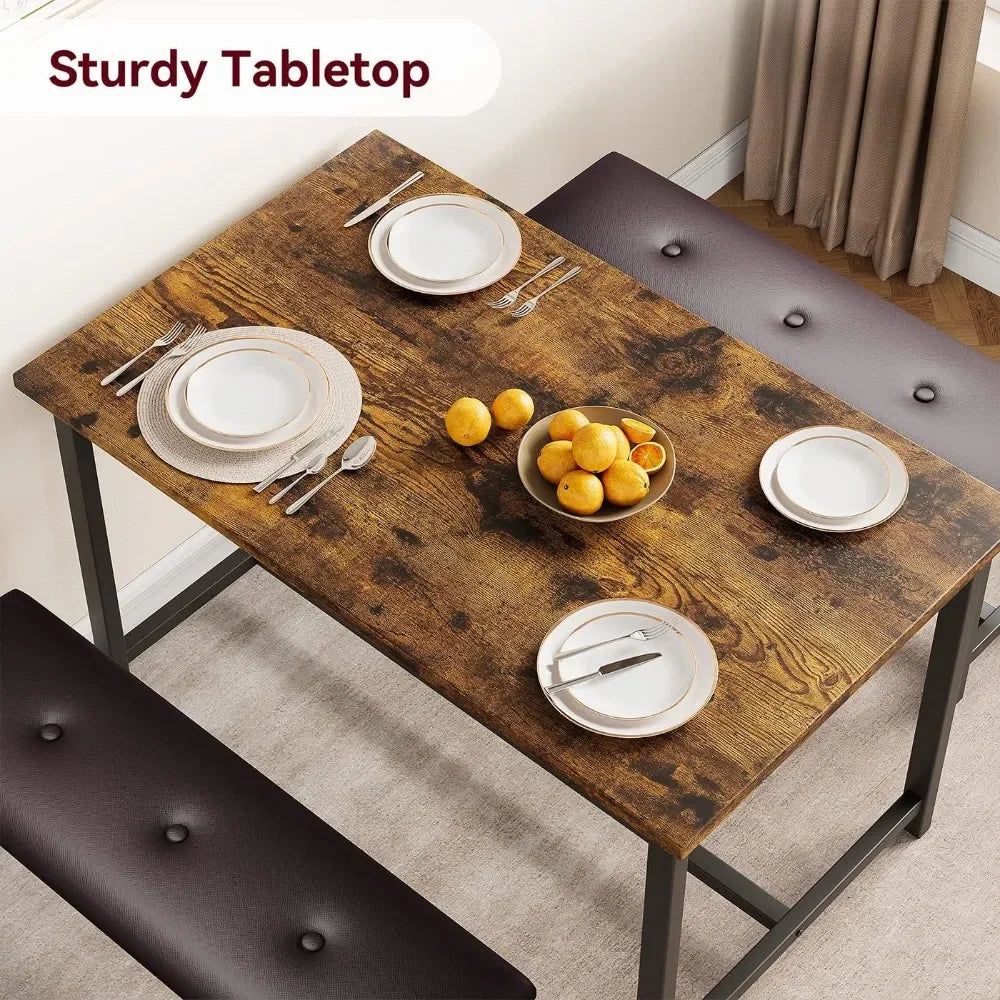 Dining Table Set for 4, Kitchen Table with Benches, Rectangular Dining Room Table Set with 2 Metal Wood Benches, 3 Piece Dining