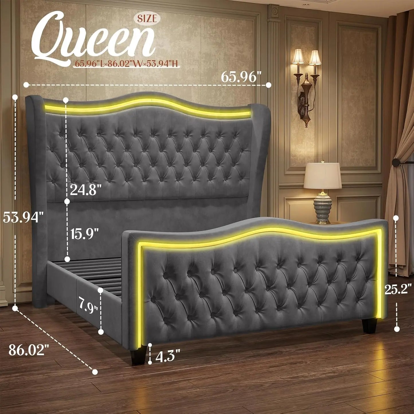 King Size Bed Frame with LED Lights, 53'' Upholstered Platform Wingback Bed with Handmade Deep Button Tufted Headboard Footboard