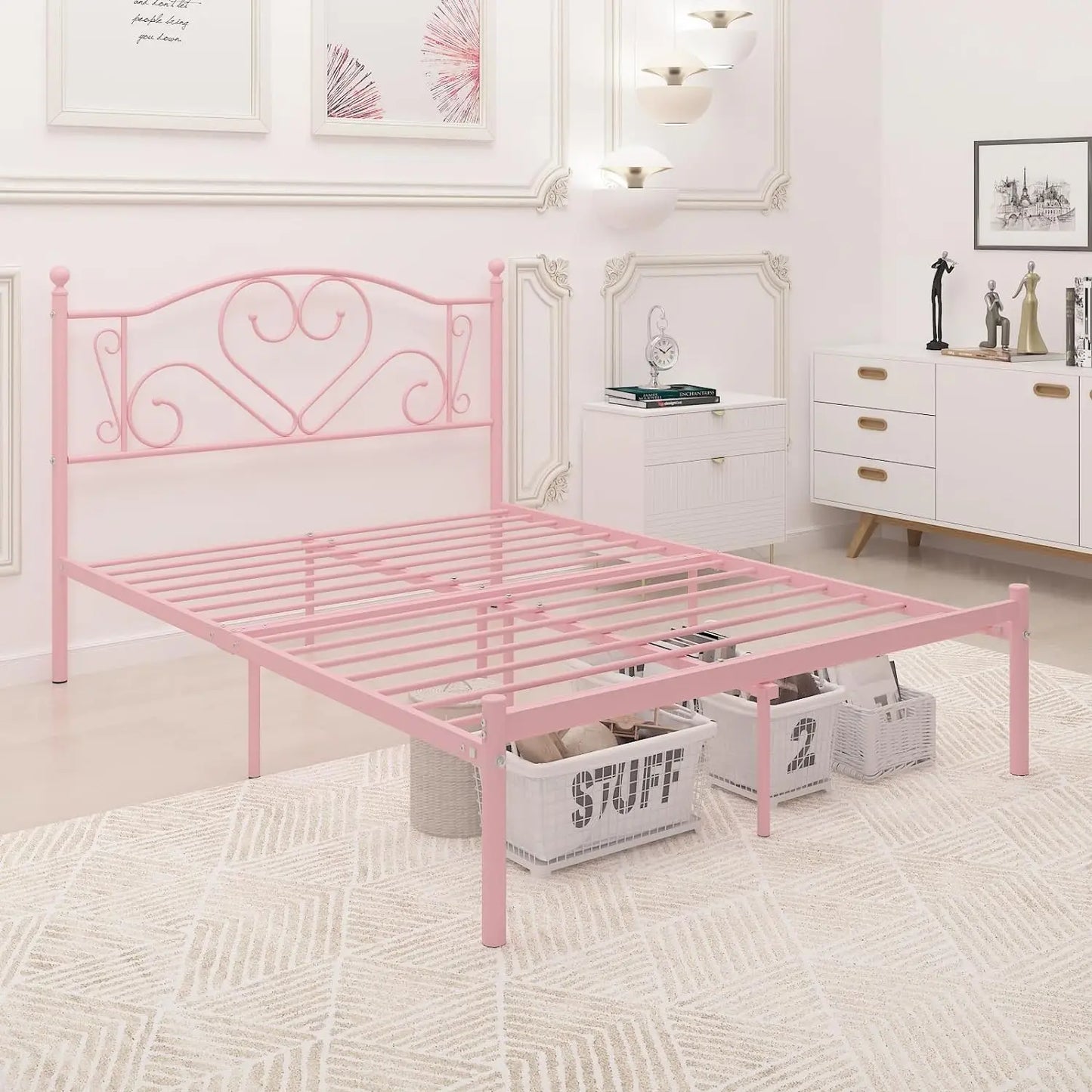Full Size Bed Frame with Headboard, Heavy Duty Steel Slat Support Platform Under Bed Storage Space No Box Spring Needed, White