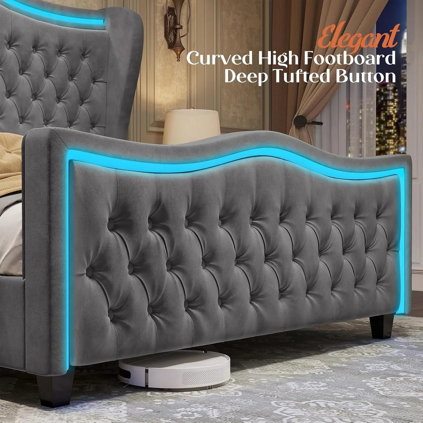 King Size Bed Frame with LED Lights, 53'' Upholstered Platform Wingback Bed with Handmade Deep Button Tufted Headboard Footboard