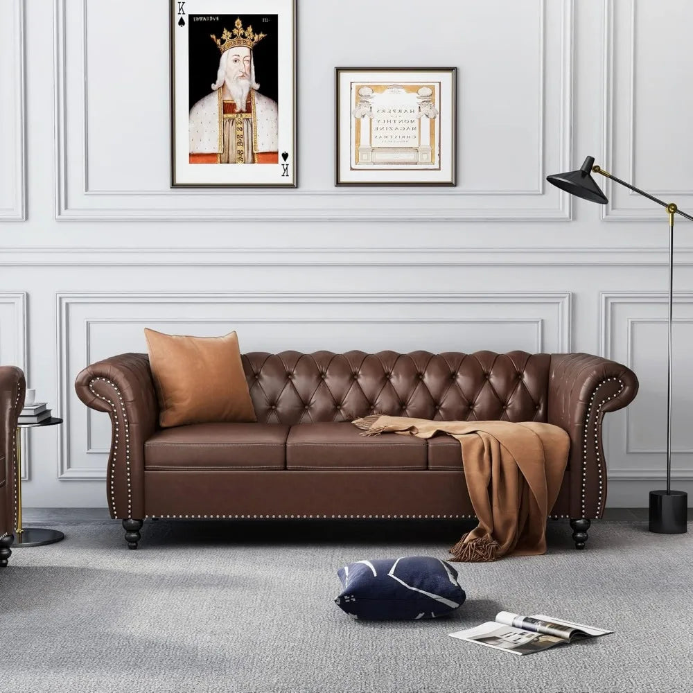 2-piece Living Room Set, Chesterfield Leather Double Sofa with Scroll Armrests and Nail Heads
