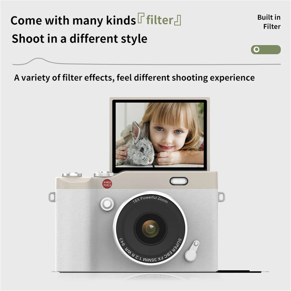 4K Digital Camera 2.4 Inch 16X Digital Zoom CCD Retro Video Recorder 180° Flip Screen Selfile Compact Digital Photography Camera
