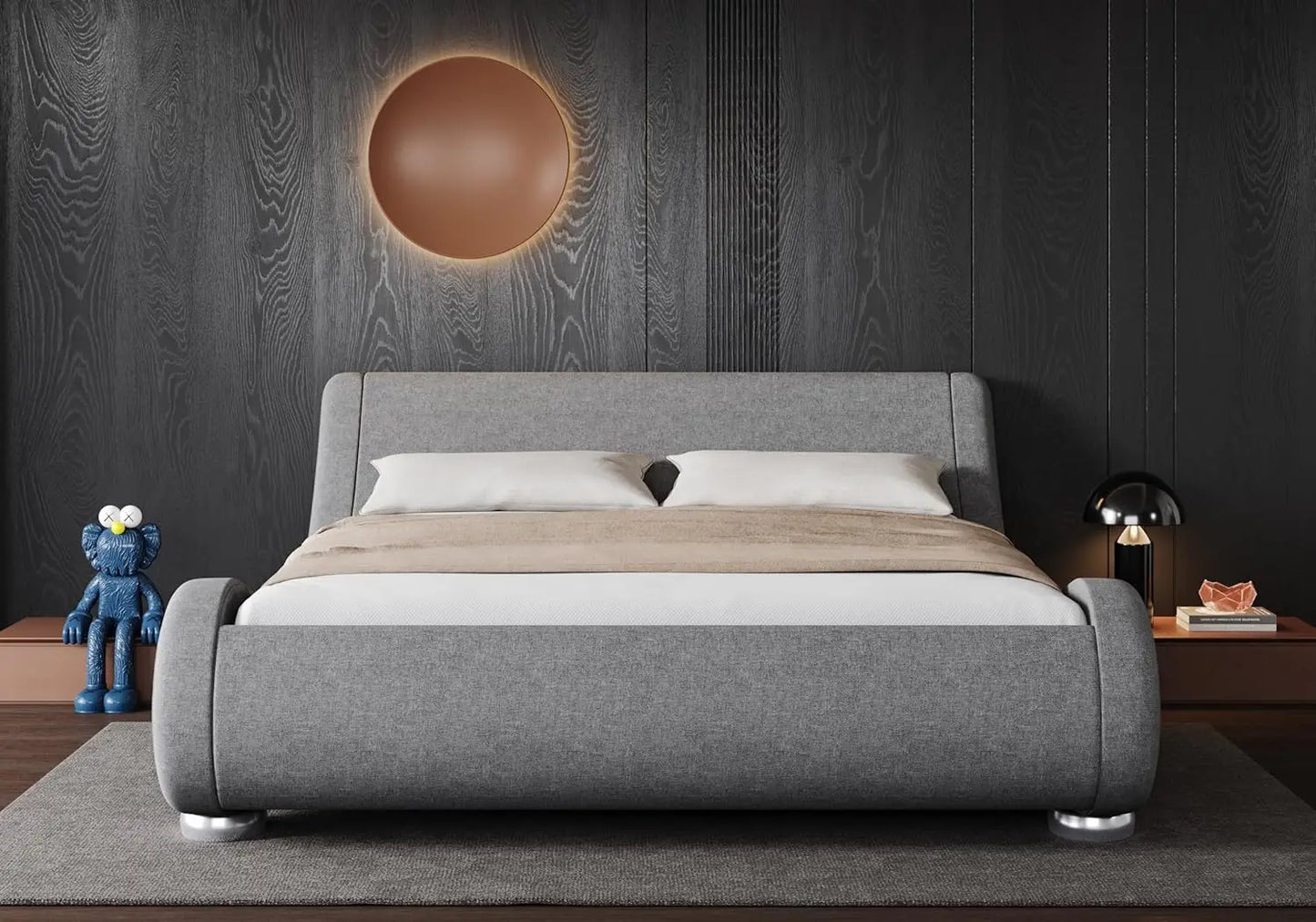 Upholstered Platform Bed Frame with Ergonomic & Adjustable Headboard, Modern Low Profile Sleigh Design