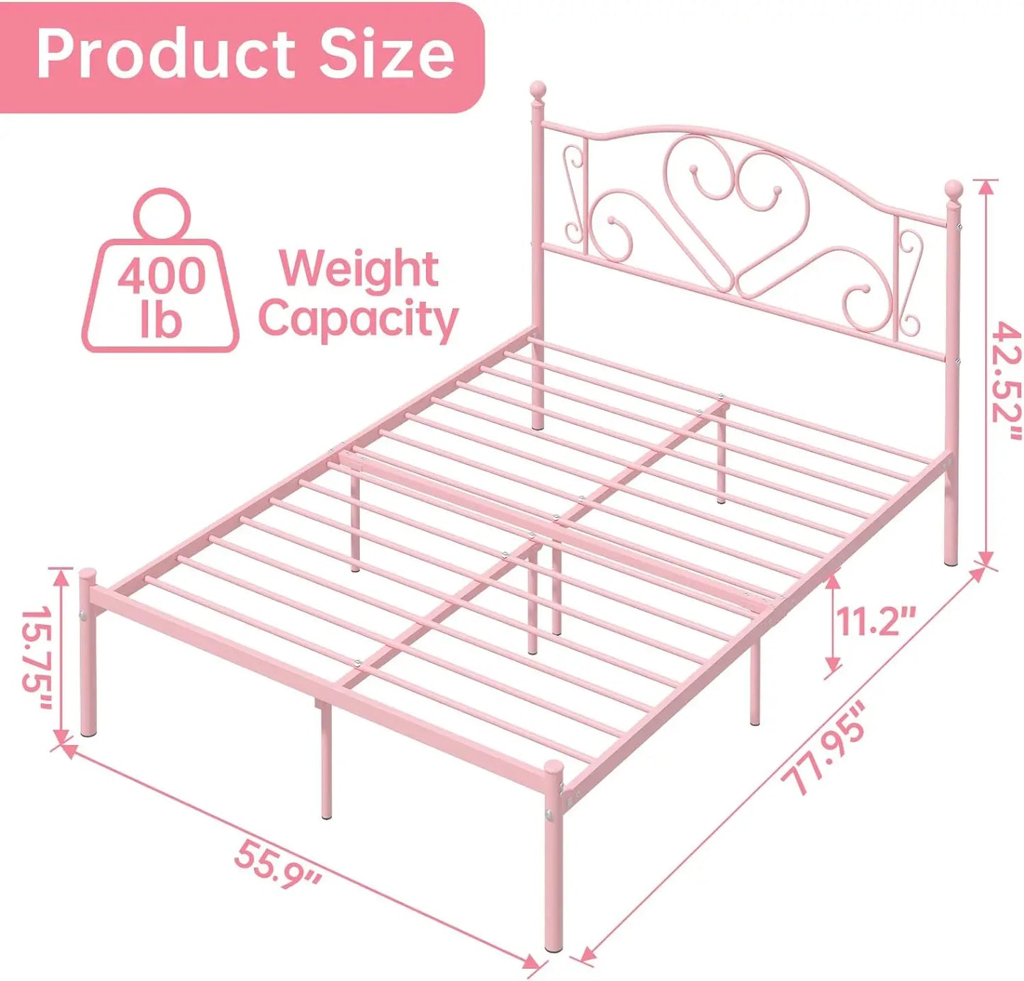 Full Size Bed Frame with Headboard, Heavy Duty Steel Slat Support Platform Under Bed Storage Space No Box Spring Needed, White