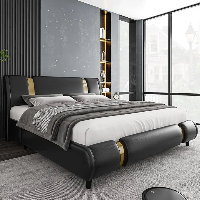 Modern Faux Leather Upholstered Platform Bed Frame with Golden Iron Metal Decor, Adjustable Curved Headboard, Queen Size, White