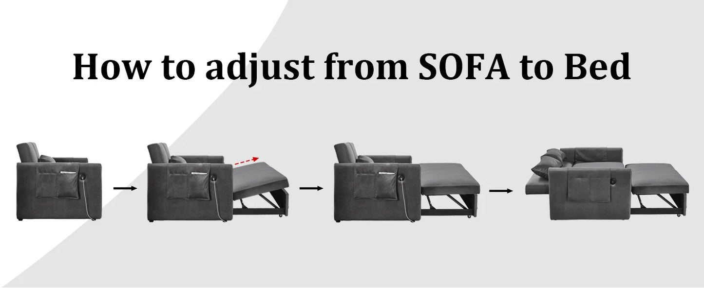 3 in 1 Pull Out Convertible Sofa Bed-Velvet Sleeper Sofa with 3Level Adjustable Backrest,Tufted Love Seat w/ 2Pockets & 2Pillows