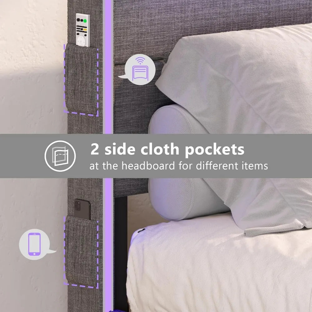 King Bed Frame with Headboard and LED Lights, Upholstered Platform Bed with USB Charging Station, Metal Support and Footboard.
