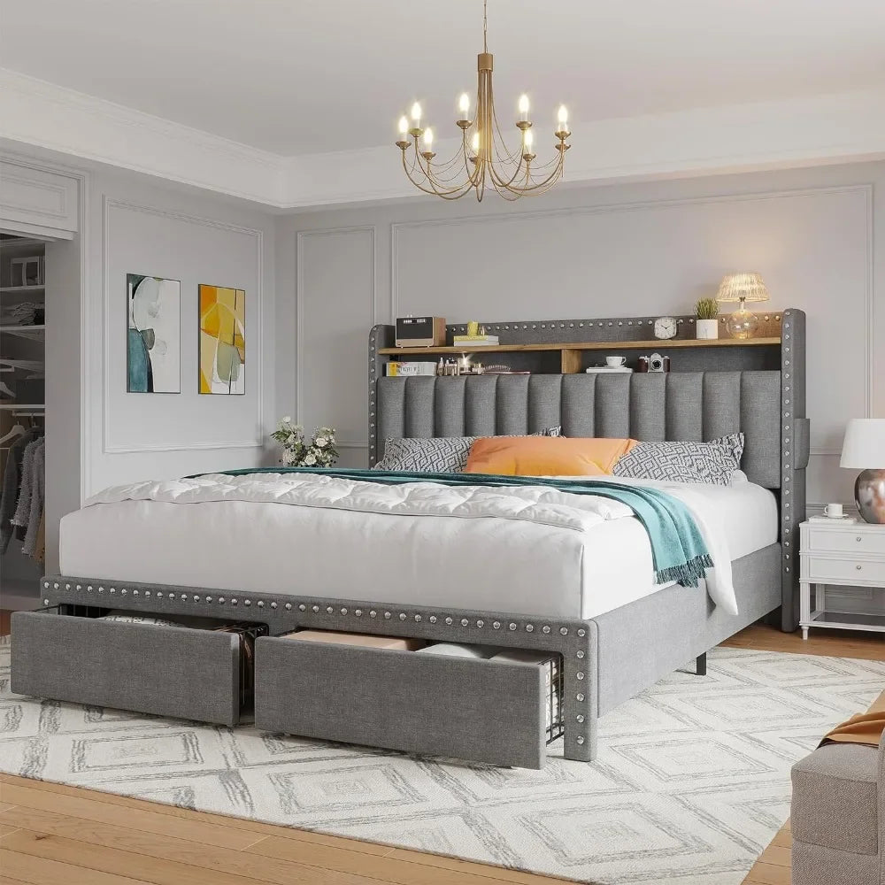 Queen Bed Frame with Headboard and Storage, Upholstered Queen Bed Frame with Storage, Queen Size Bed Frame with 2 Drawer