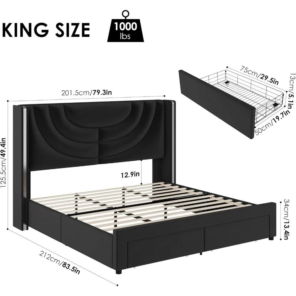 Queen Upholstered LED Bed Frame with 2 Storage Drawers, Velvet Platform Bed with Wingback Headboard, Solid Wooden Slats Support