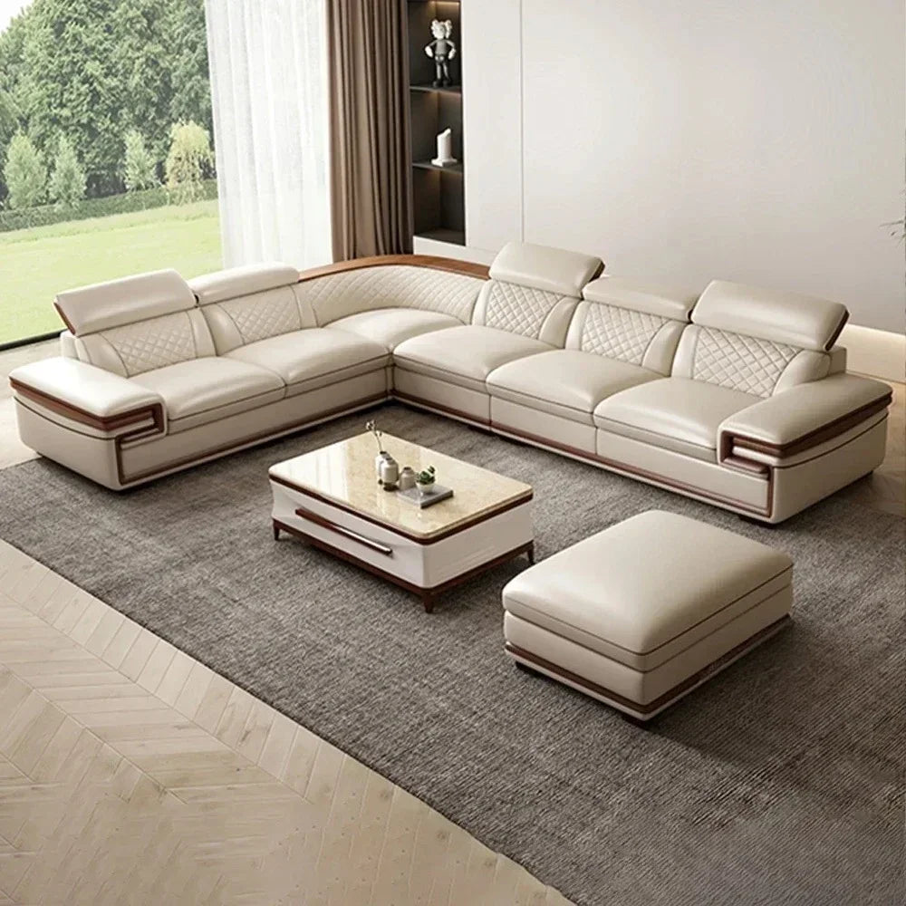 MINGDIBAO Premium Italian Genuine Leather Sofa Set for Living Room with Adjustable Headrests, Bluetooth Speaker, Wireless Charge