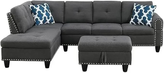 Convertible Sectional L Shaped Sofas with Storage, Chaise and Cup Holder, 4 Seat Modern Linen Fabric Sofá, Living Room Sofas