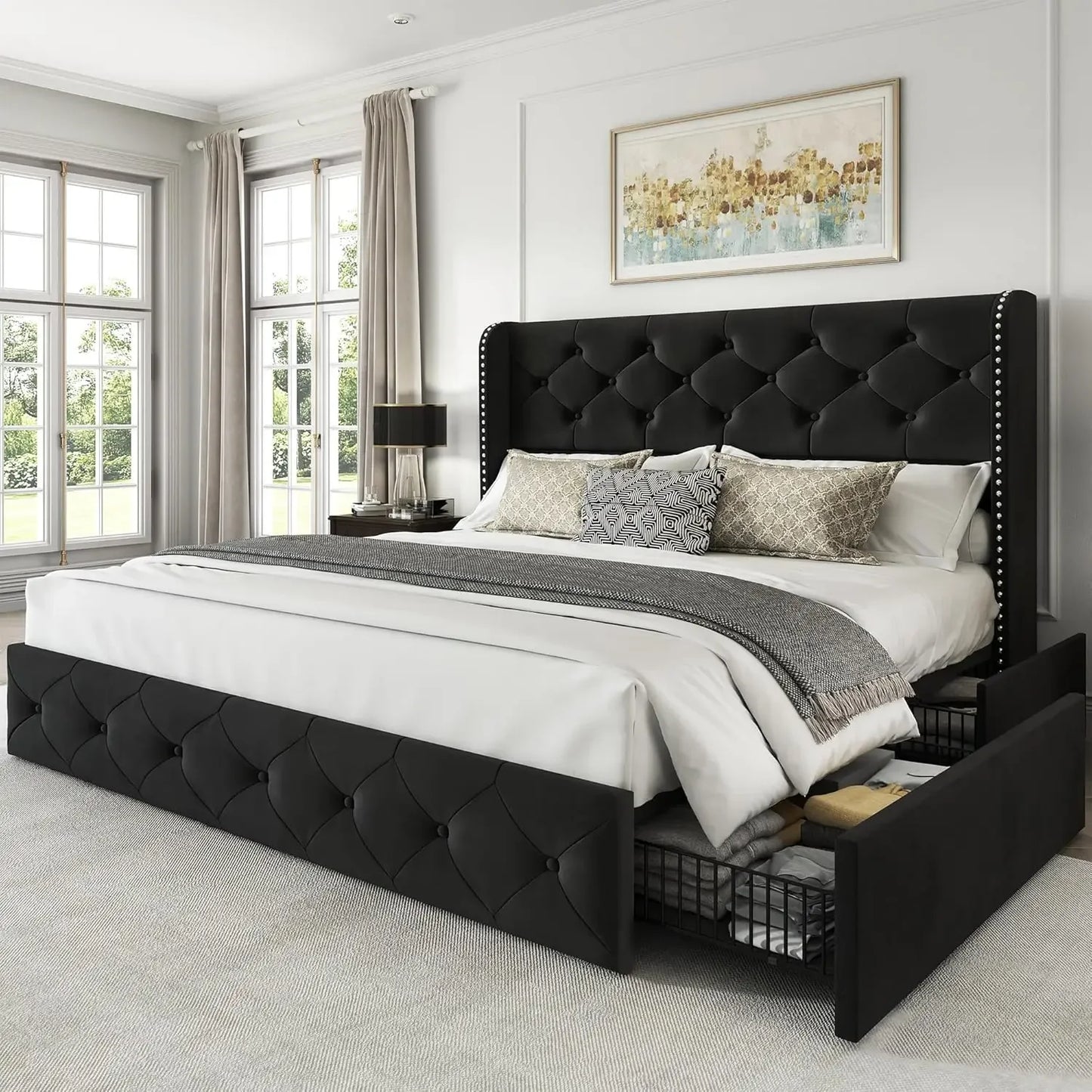 King Size Bed Frame with 4 Storage Drawers and Tufted Headboard Linen Upholstered Platform Bed Frame Wingback Beds.