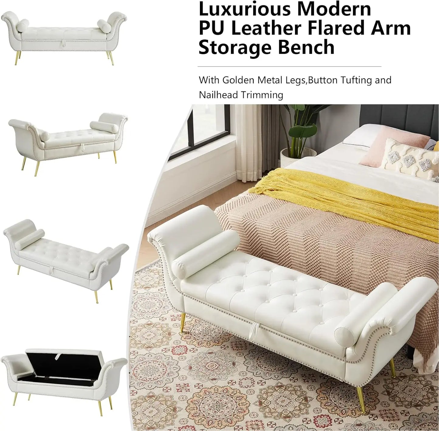 PU Leather Storage Benches End of Bed Vintage Flared Rolled Armed Bedroom Ottoman Bench Button Tufted Entryway Window
