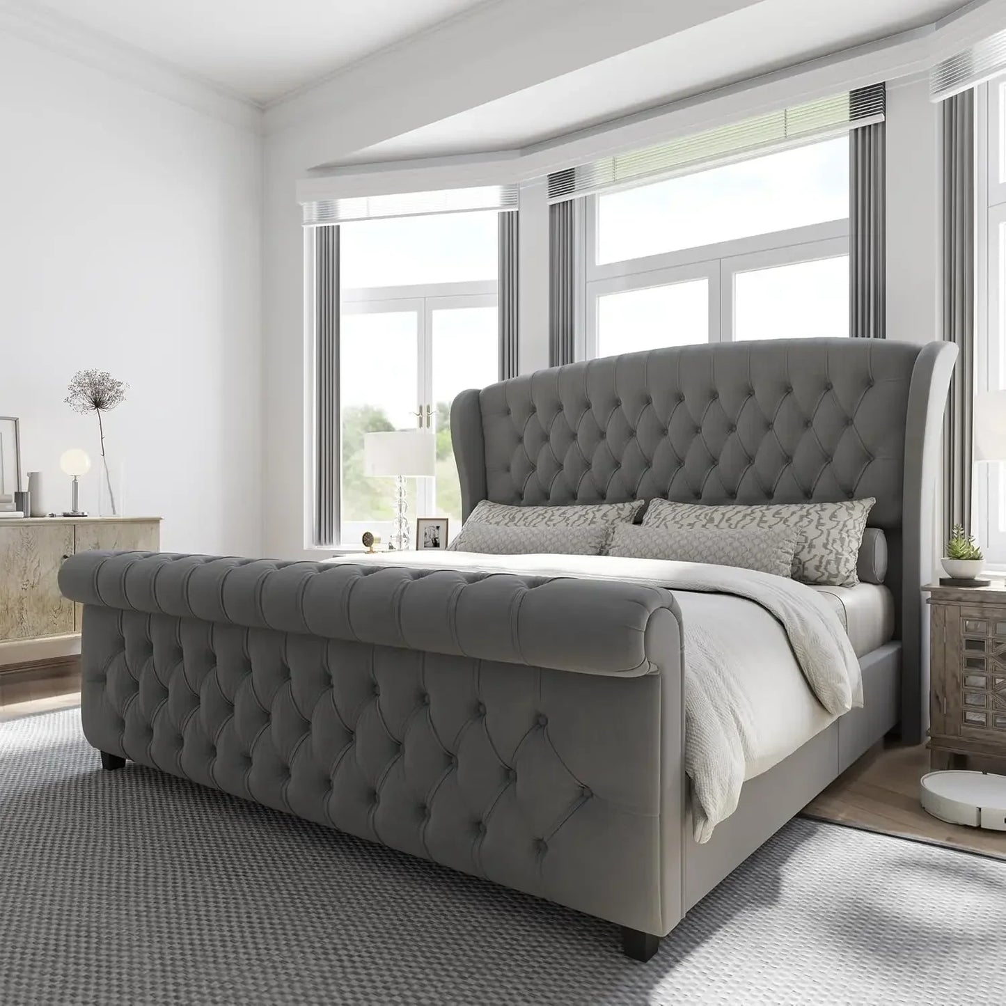AMERLIFE King Size Platform Bed Frame, Chenille Upholstered Sleigh Bed with Scroll Wingback Headboard & Footboard/Button Tufted