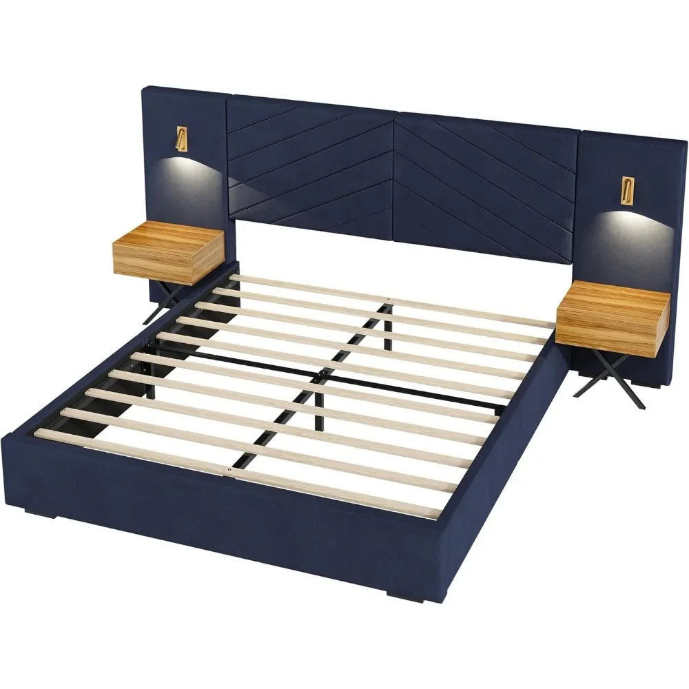 Luxury Bed Frame with Built-in Gold LED Lights and Nightstands, King Size Platform Bed with Oversize Upholstered Headboard