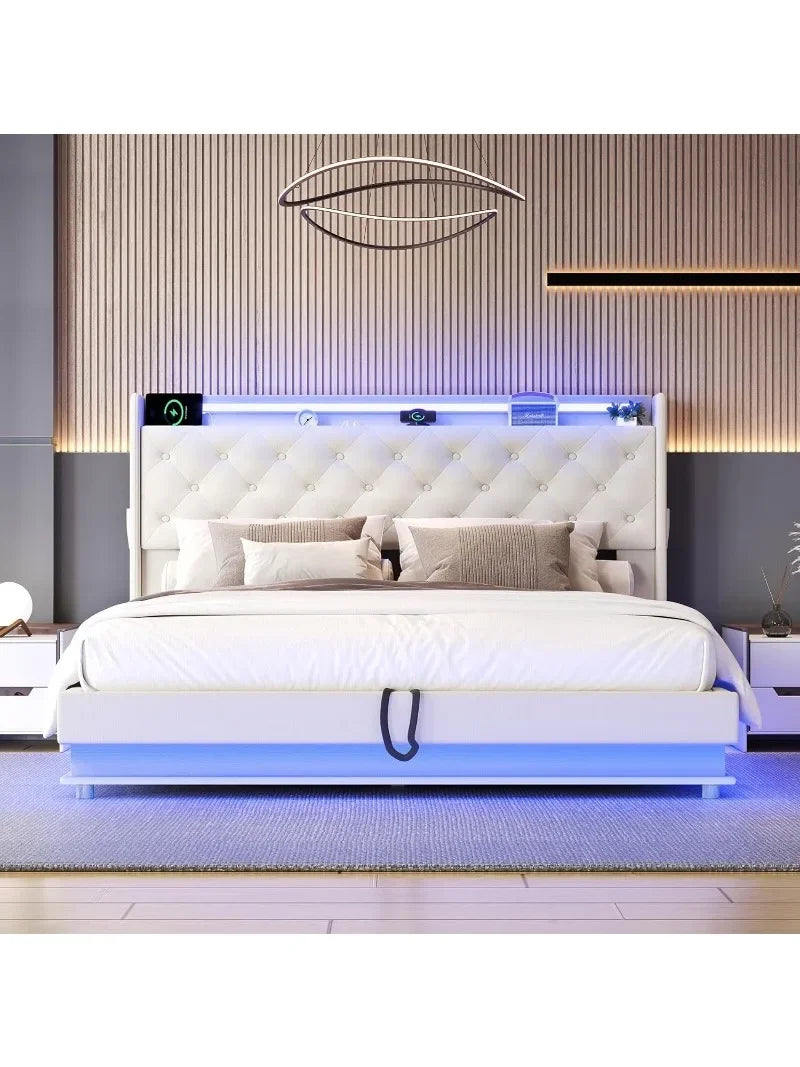 Bed Frame with Charging Station & Led Lights, Upholstered Platform Bed with Button Tufted Wingback Storage Headboard