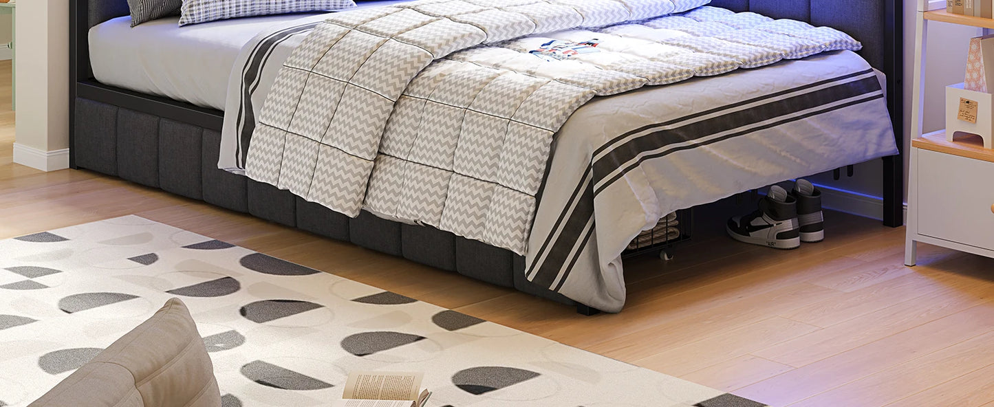 Modern Corner Bed Frame with LED Lights and Charging Station, Double Bed with Storage Space