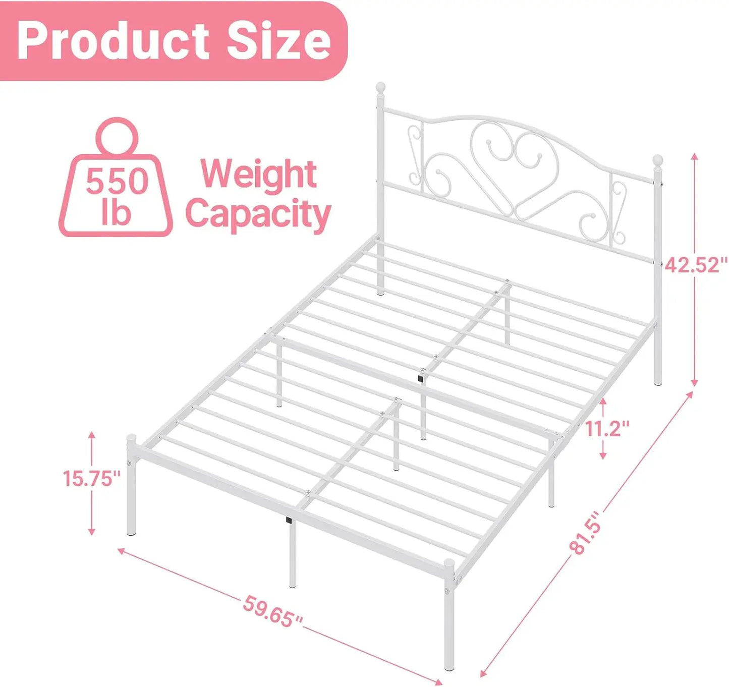 Full Size Bed Frame with Headboard, Heavy Duty Steel Slat Support Platform Under Bed Storage Space No Box Spring Needed, White