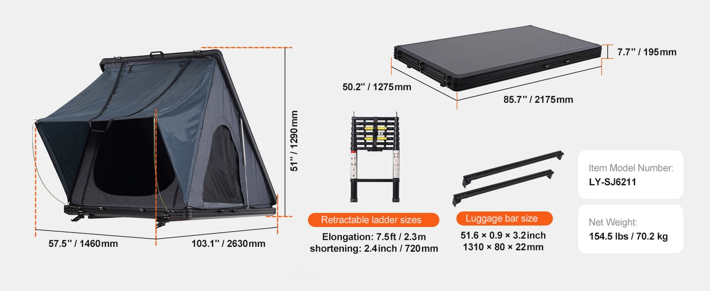 SucceBuy Rooftop Tent Hard Shell Roof Top with Telescopic Ladder Thick Mattress Waterproof Windproof Jeep SUV Van Pickup Truck