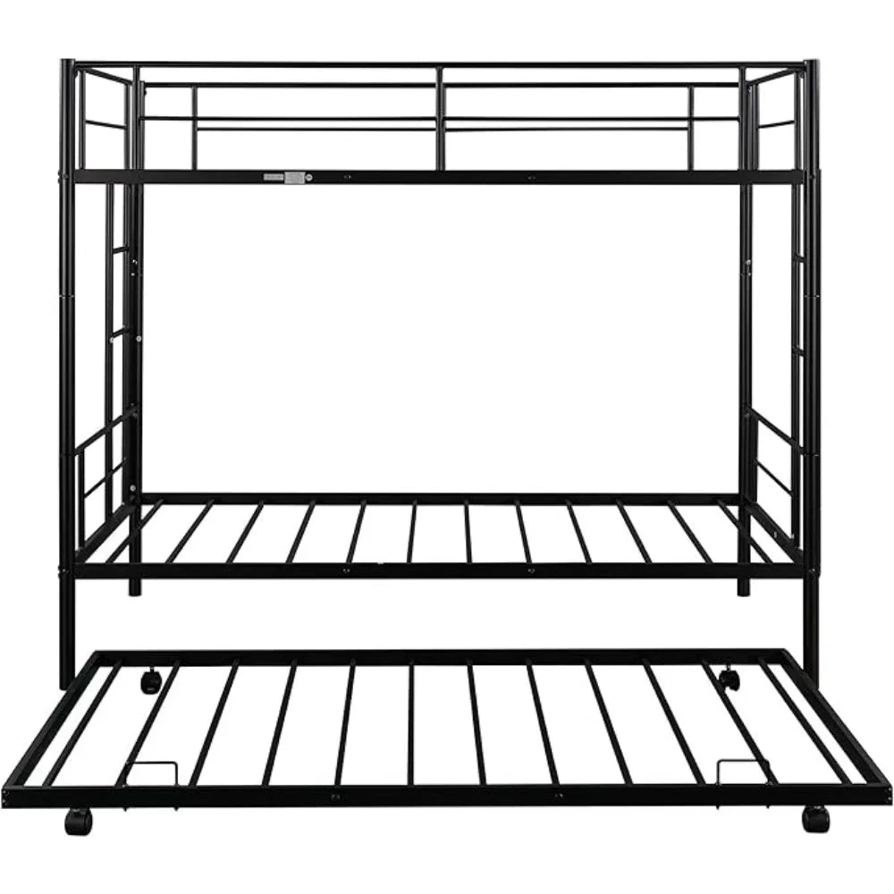 Twin Over Twin Metal Bunk Bed Trundle Frame with 2 Side Ladders Convertible Bunkbed Safety Guard Rails,No Box Spring Needed