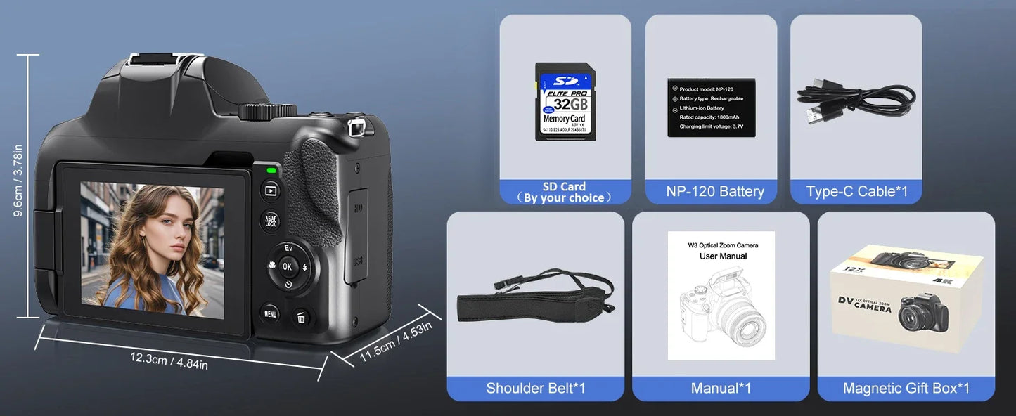 72MP Digital Camera 180° Flip Screen 3 lnch SLR DSLR 4K Camera for Photography 12X Optical Zoom Autofocus Anti-Shake Camera