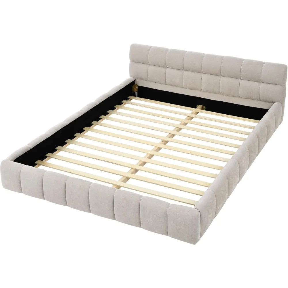 Queen Size Upholstered Grounded Bed with Bedside Desk and Stool,Upholstered Headboard,Grounded Upholstered Wood Base Bed Frame