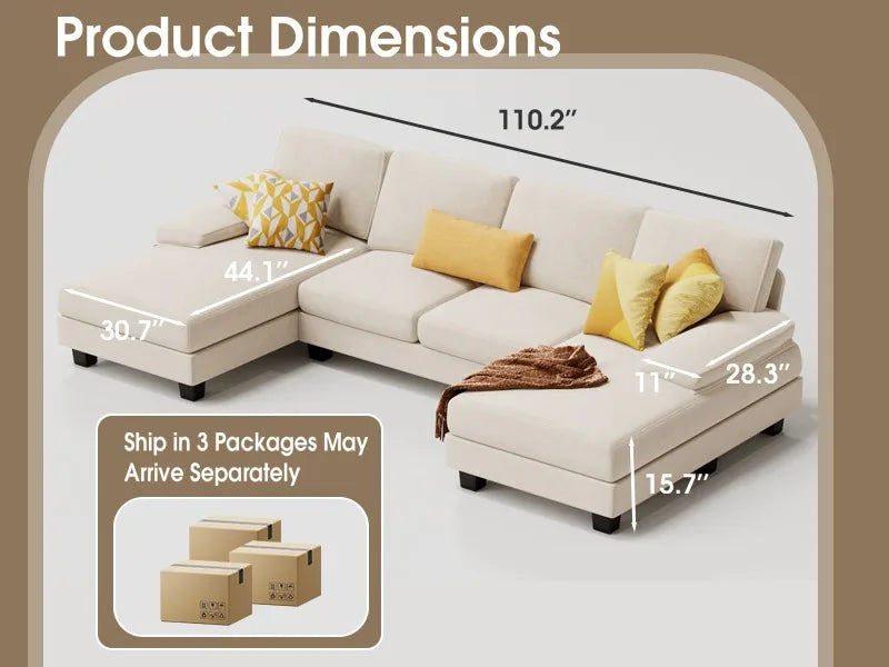 Sectional Couches for Living Room,U-Shaped Couch w/ Linen Fabric, 4 Seat Sofa Set w/ Double Chaise for Apartment (Fabric, White)